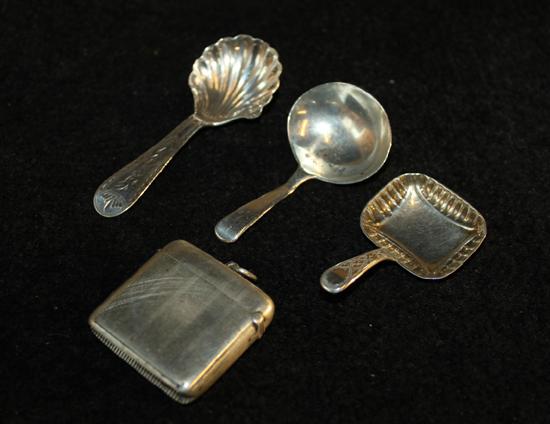 2 George III silver caddy spoons, one with shell bowl, another 19C caddy spoon & a vesta case